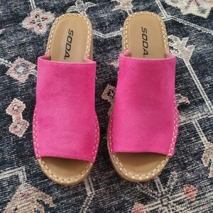 Soda Pink Suede-Look Slide Wedges